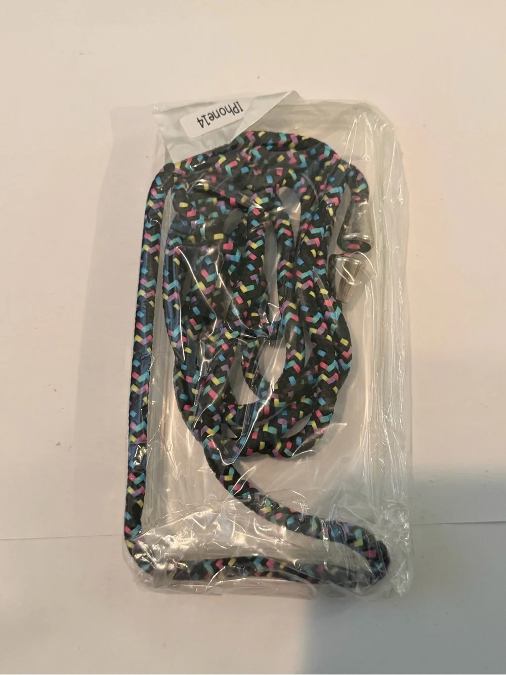 iPhone 14 Clear Phone Case with Black Multicolor Braided Strap - Universal